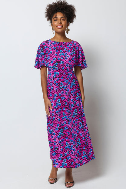 Bright Pink Paradise Cheetah Cape Sleeve Midi Dress