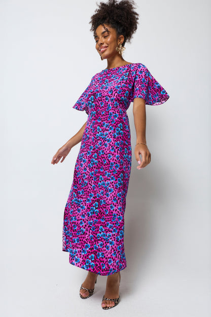 Bright Pink Paradise Cheetah Cape Sleeve Midi Dress