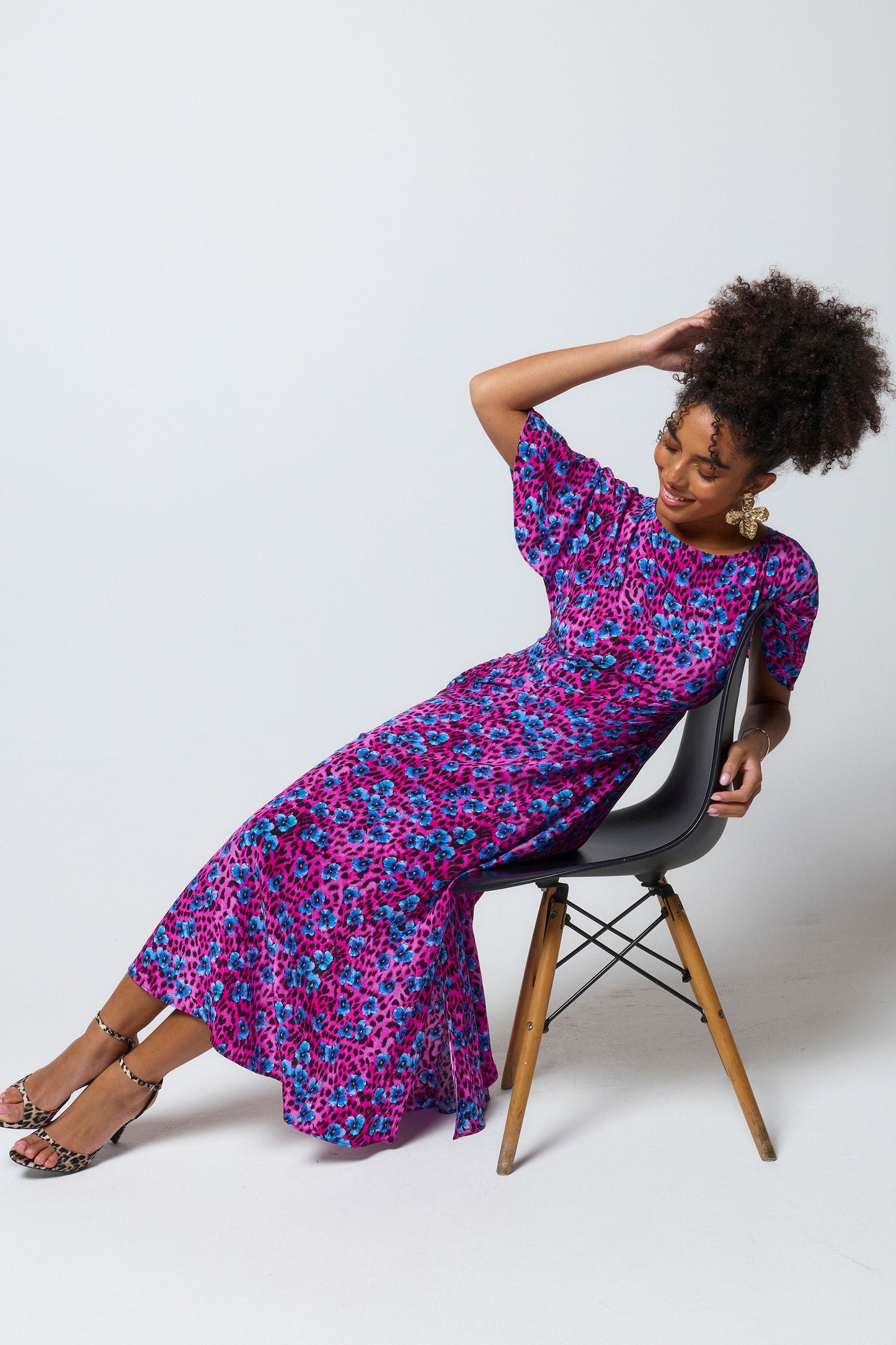 Bright Pink Paradise Cheetah Cape Sleeve Midi Dress