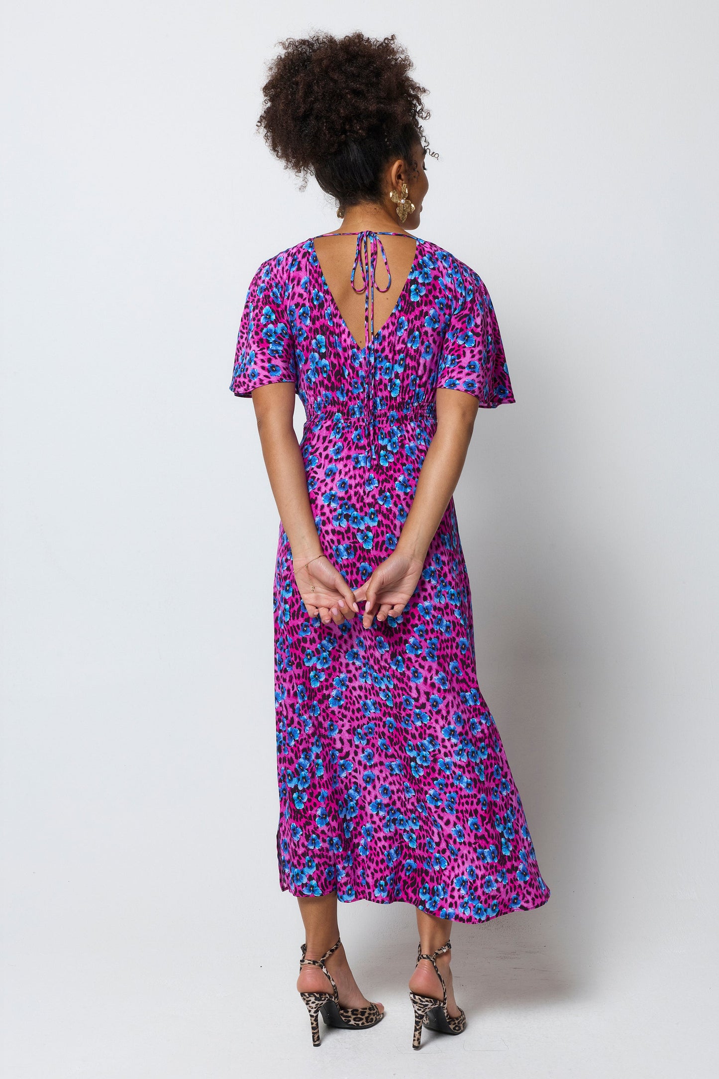 Bright Pink Paradise Cheetah Cape Sleeve Midi Dress