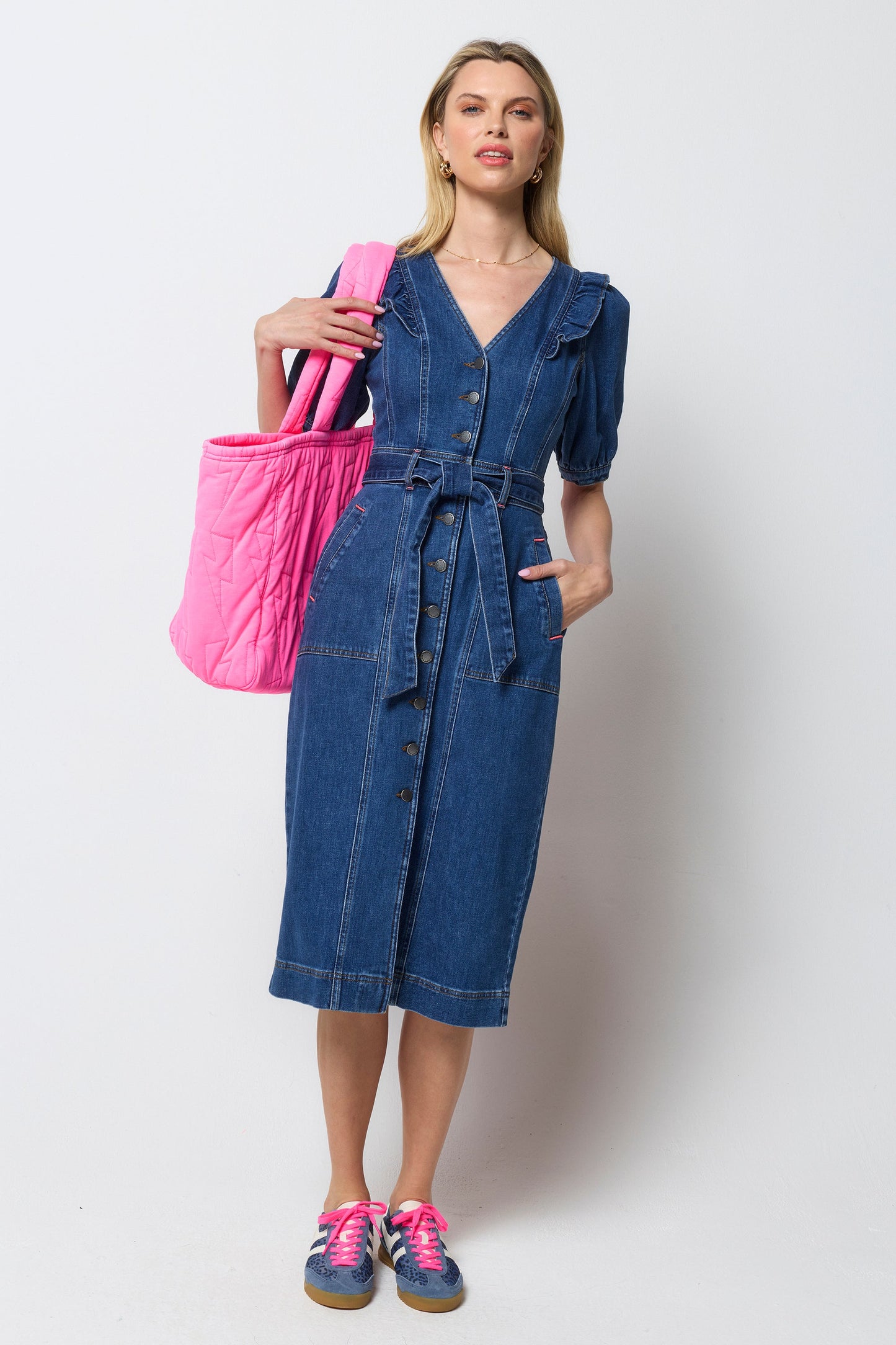 Indigo Frill Sleeve Midi Denim Dress