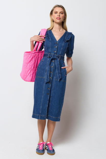 Indigo Frill Sleeve Midi Denim Dress