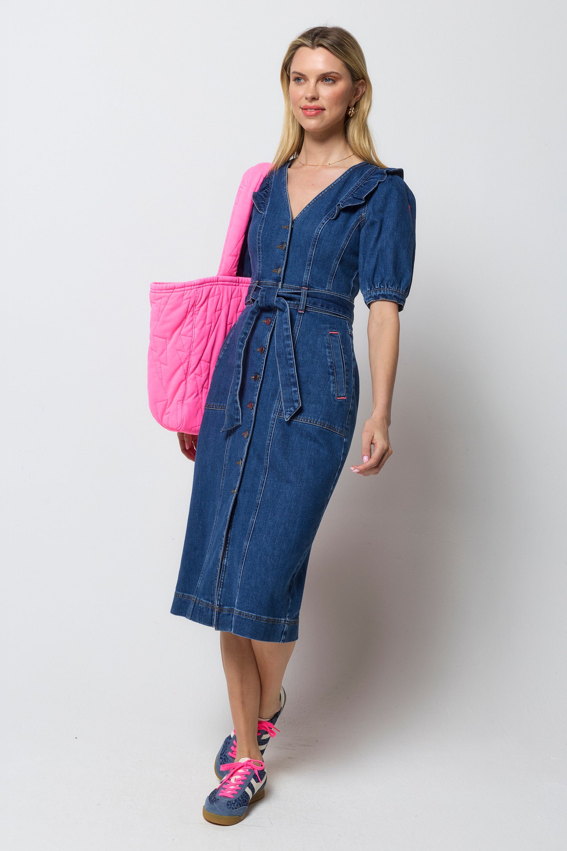 Indigo Frill Sleeve Midi Denim Dress