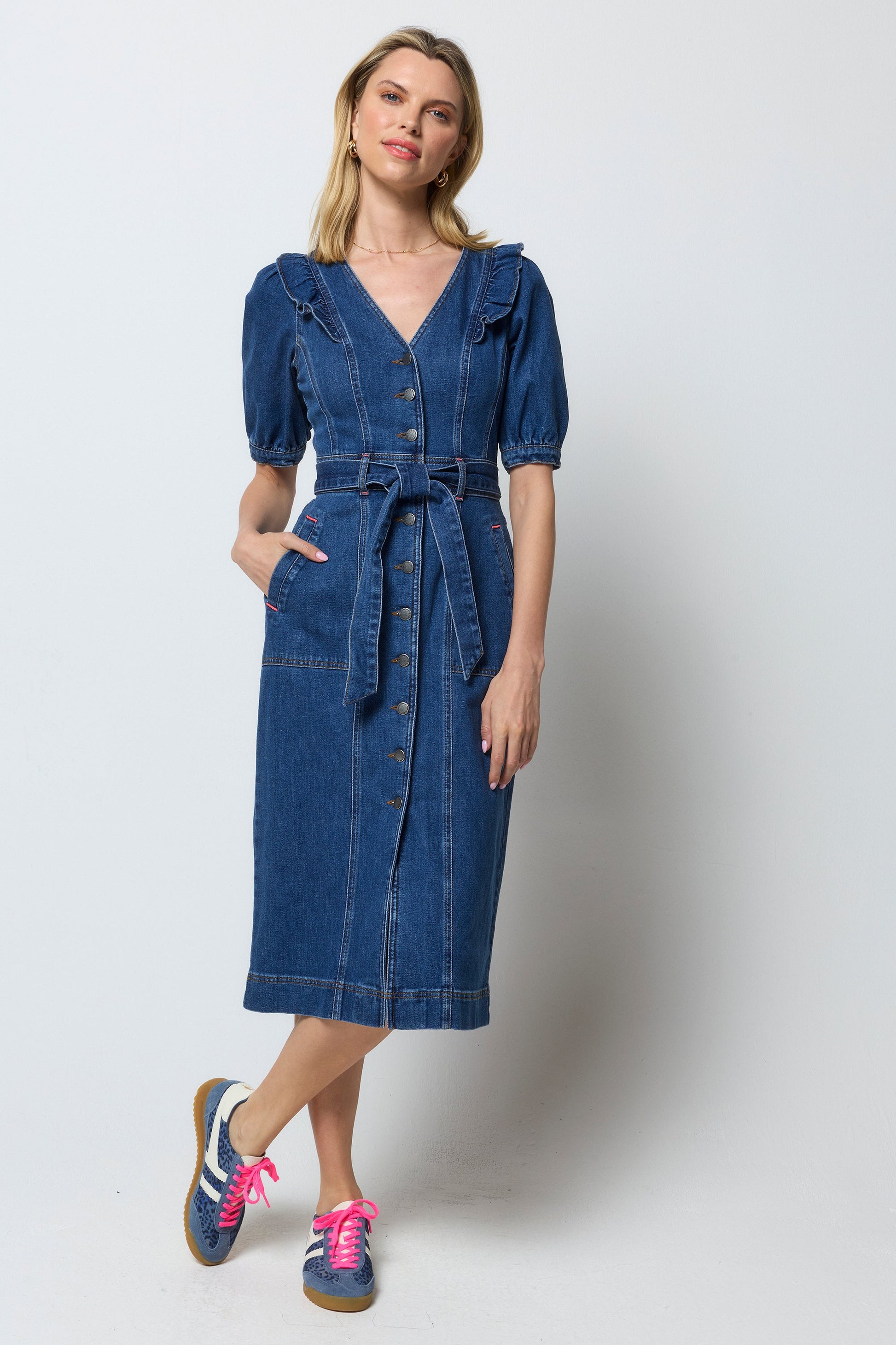 Indigo Frill Sleeve Midi Denim Dress