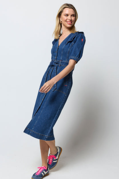 Indigo Frill Sleeve Midi Denim Dress