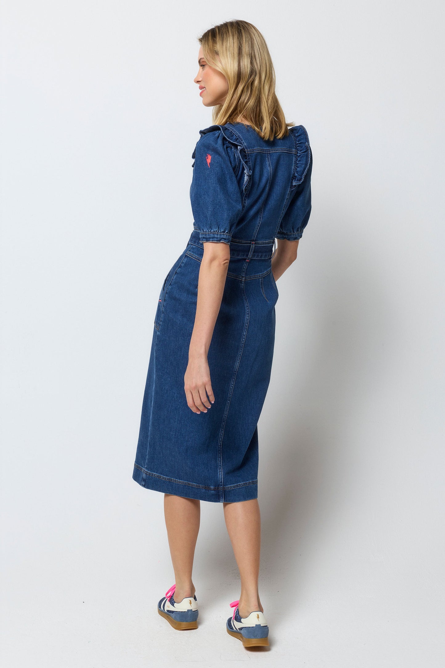 Indigo Frill Sleeve Midi Denim Dress