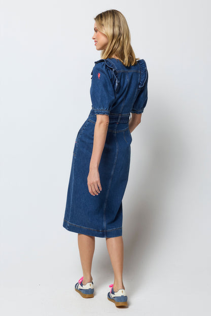 Indigo Frill Sleeve Midi Denim Dress