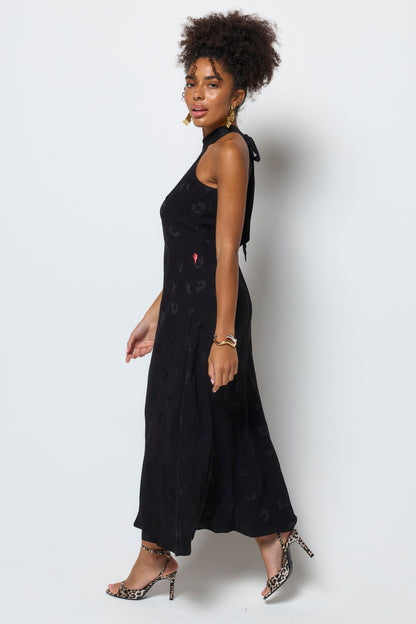 Black Jacquard Halter Midi Dress