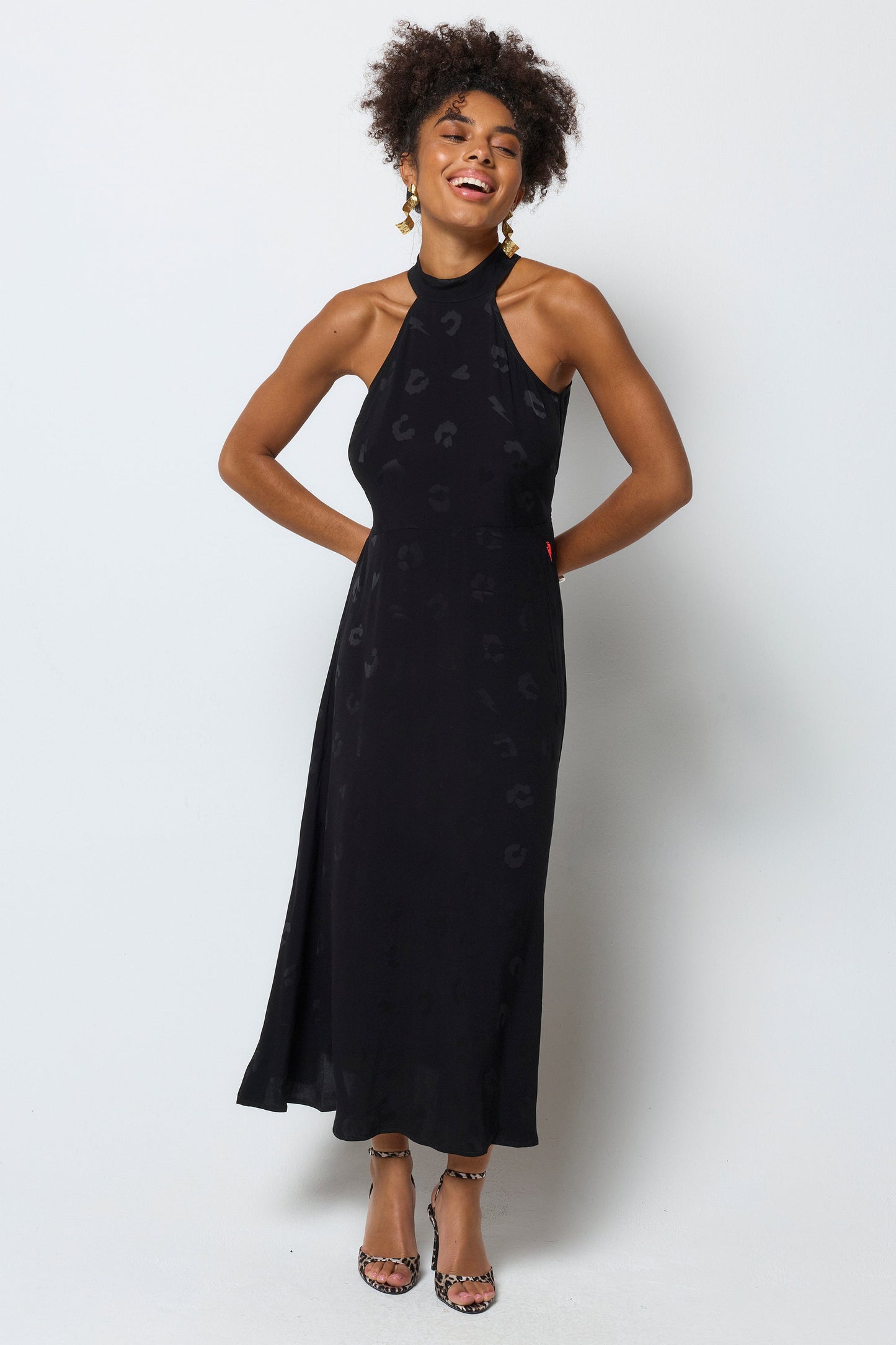 Black Jacquard Halter Midi Dress