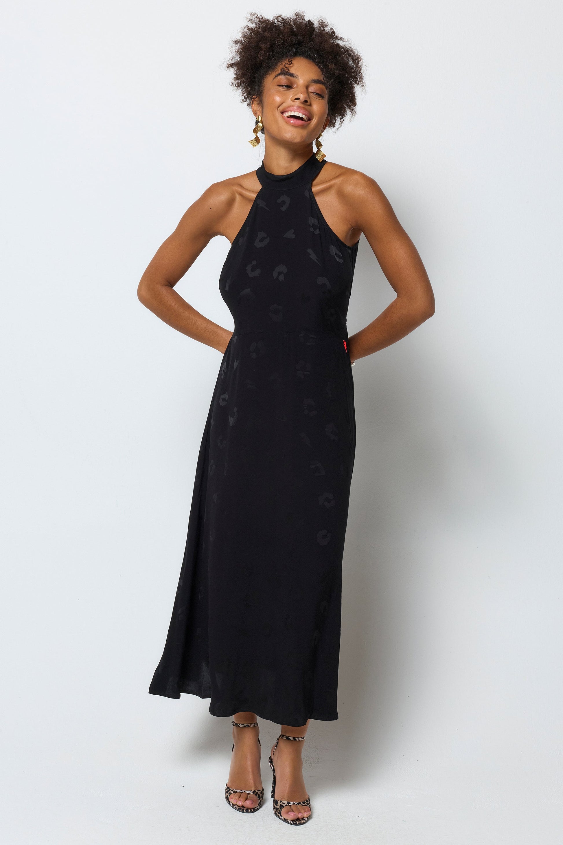 Black Jacquard Halter Midi Dress
