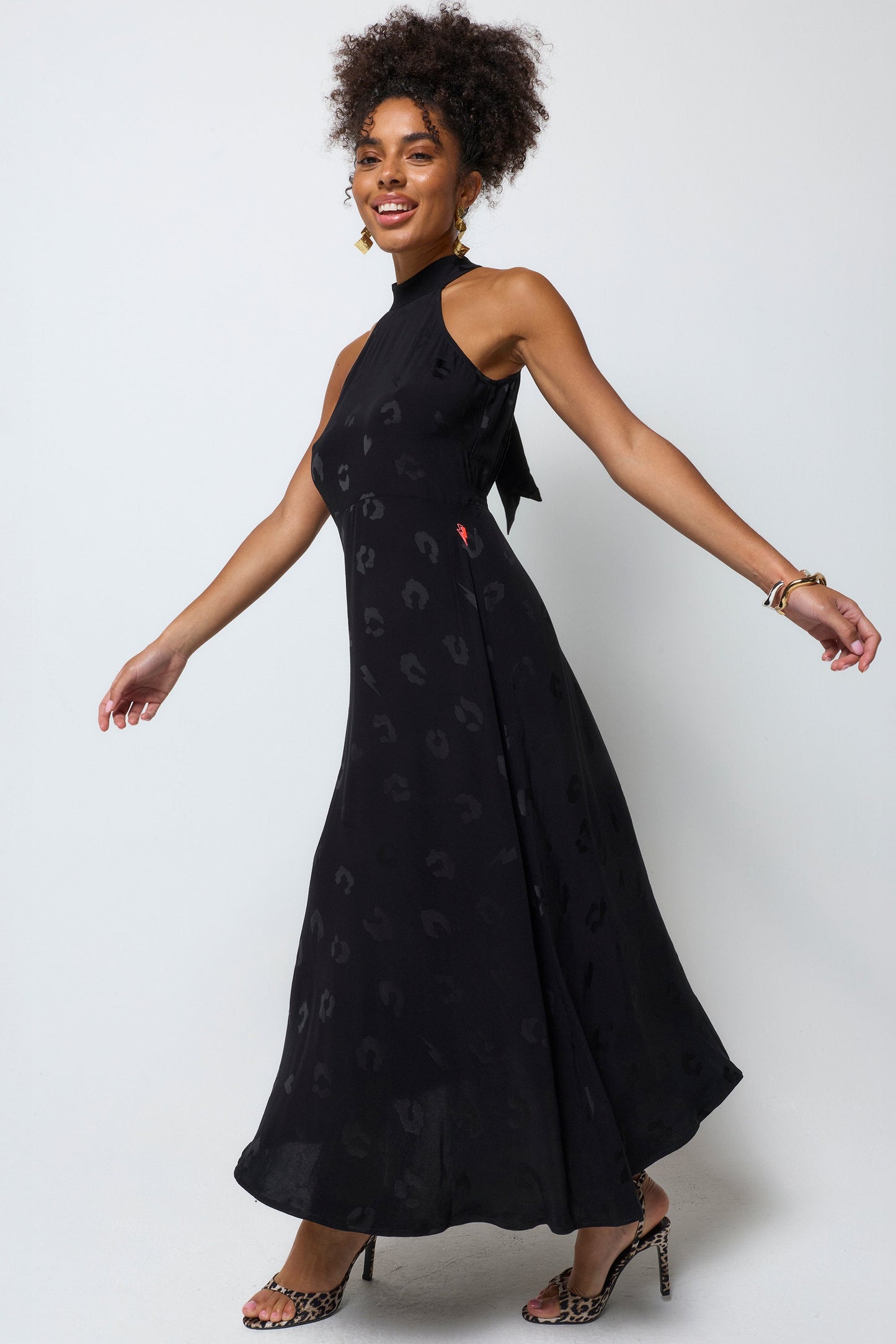Black Jacquard Halter Midi Dress