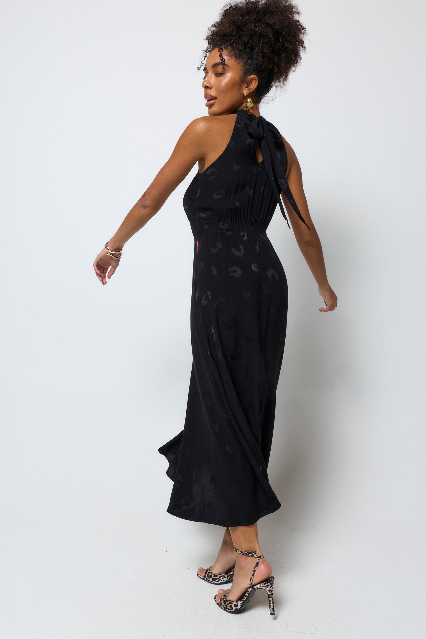 Black Jacquard Halter Midi Dress