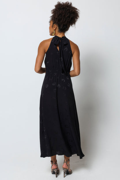 Black Jacquard Halter Midi Dress