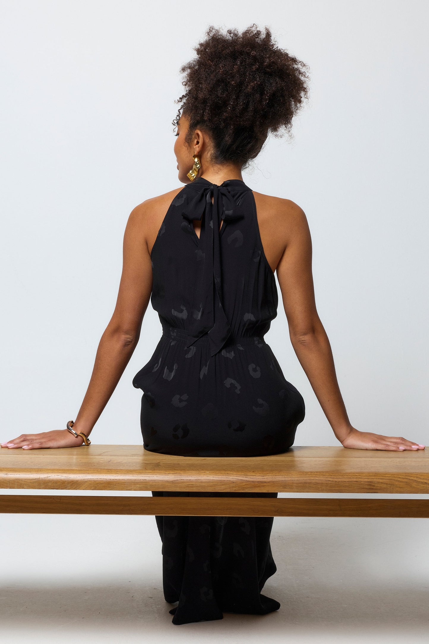 Black Jacquard Halter Midi Dress