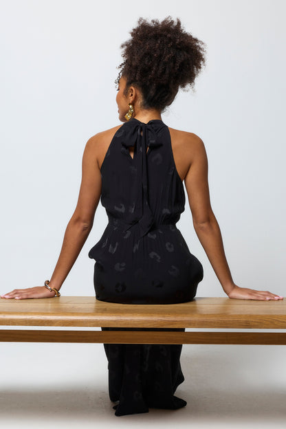 Black Jacquard Halter Midi Dress