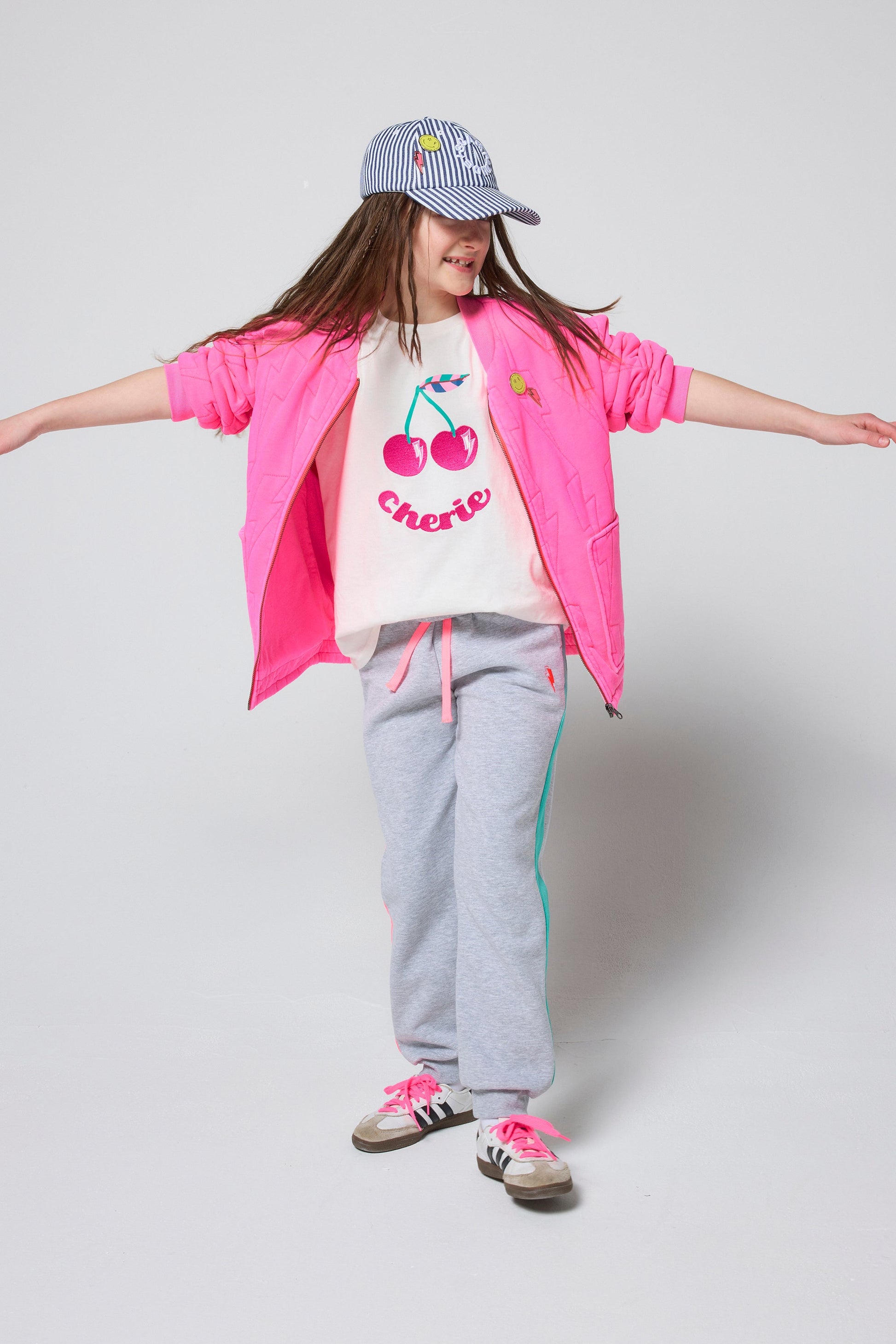 Kids Neon Pink Lightning Bolt Quilted Bomber Jacket
