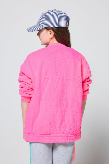 Kids Neon Pink Lightning Bolt Quilted Bomber Jacket