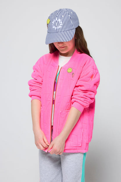 Kids Neon Pink Lightning Bolt Quilted Bomber Jacket