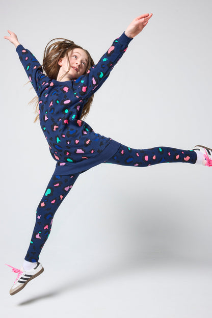 Kids Navy with Rainbow Snow Leopard Sweatshirt Dress