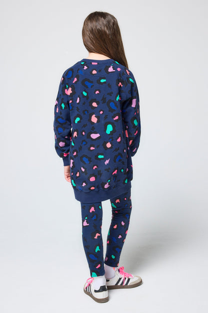 Kids Navy with Rainbow Snow Leopard Sweatshirt Dress