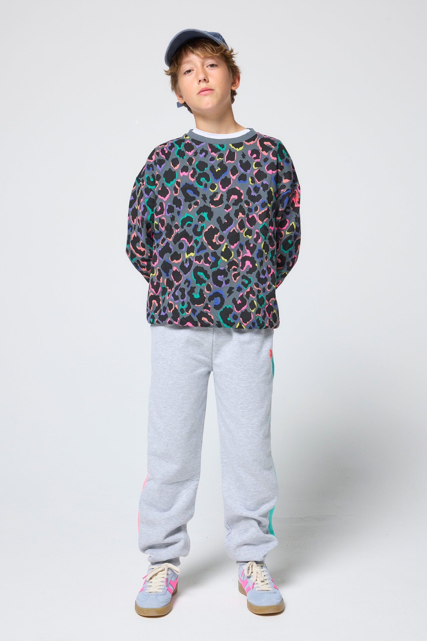 Kids Grey with Rainbow Shadow Leopard Oversized Sweatshirt