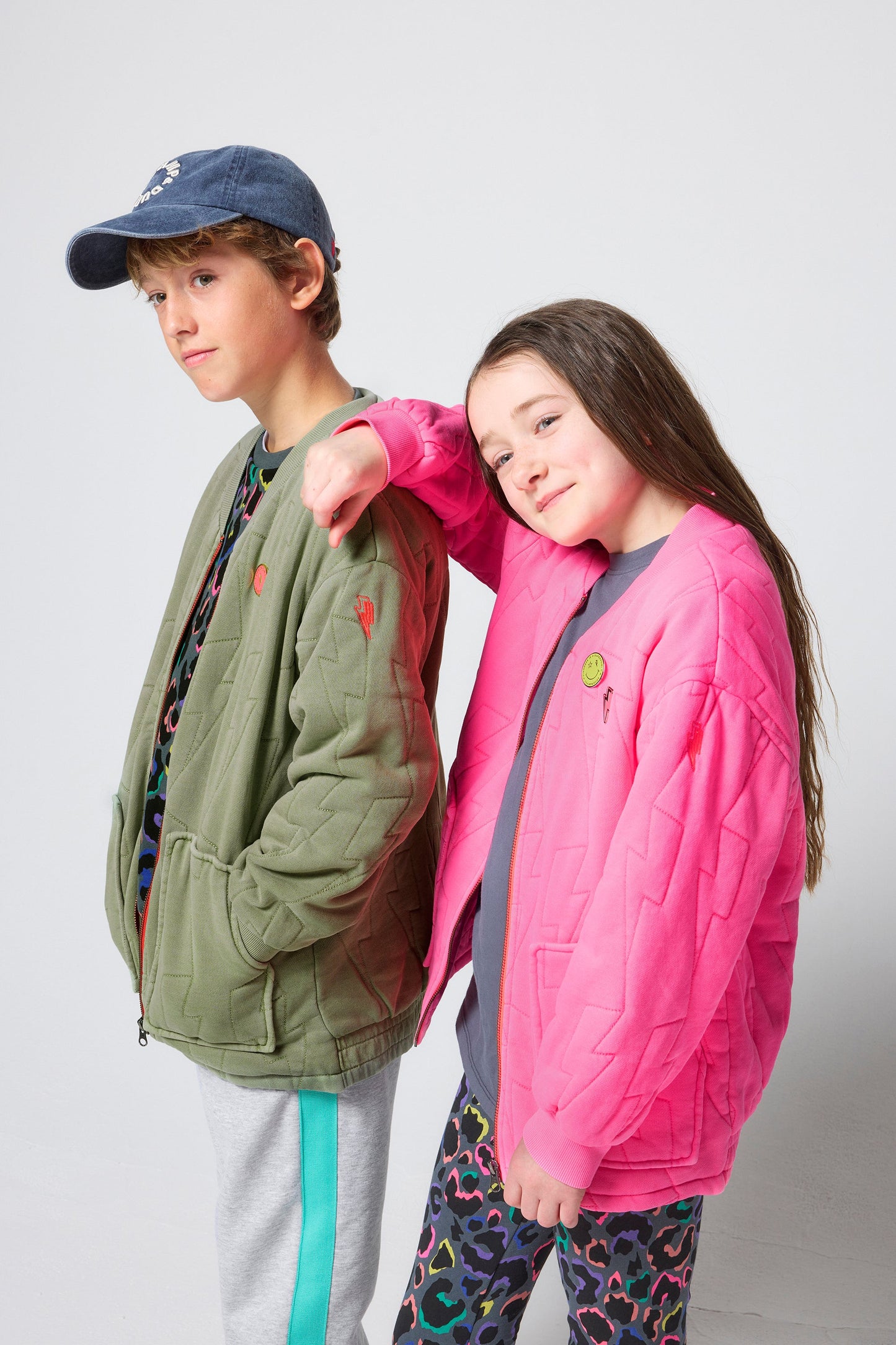 Kids Neon Pink Lightning Bolt Quilted Bomber Jacket