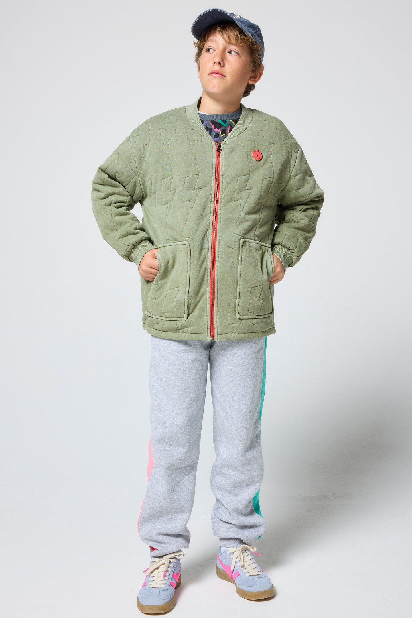 Kids Khaki Lightning Bolt Quilted Bomber Jacket