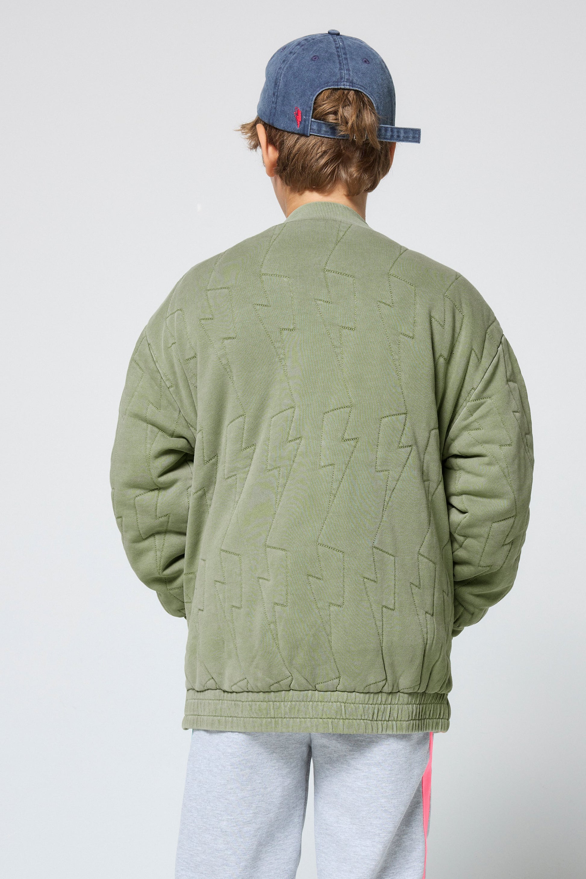 Kids Khaki Lightning Bolt Quilted Bomber Jacket