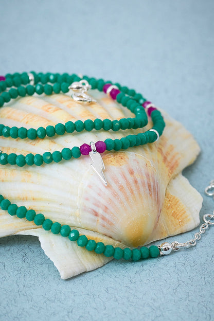 Aqua Bead Silver Multi Bolt Necklace