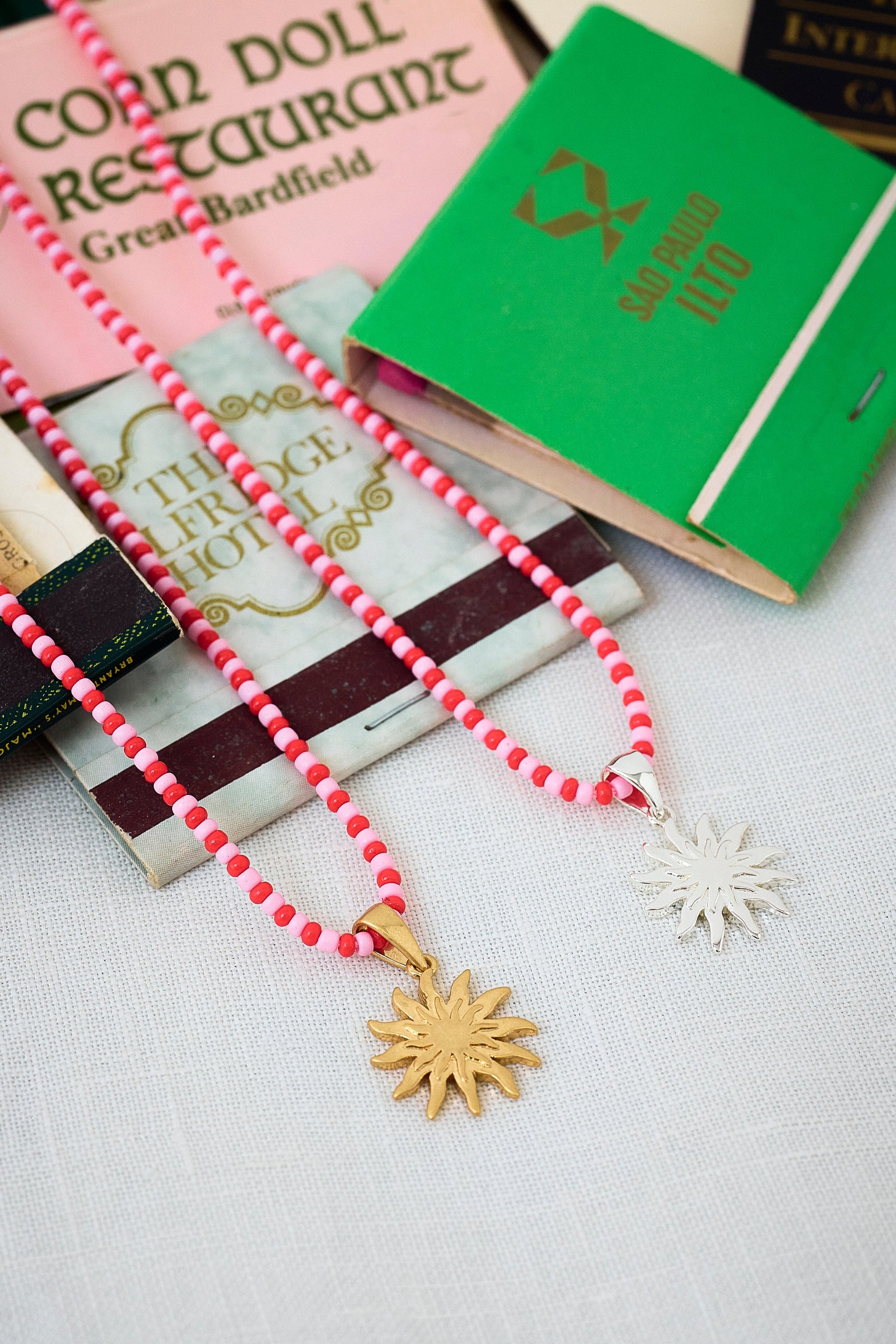 Red and Pink Bead Silver Sunstar Necklace