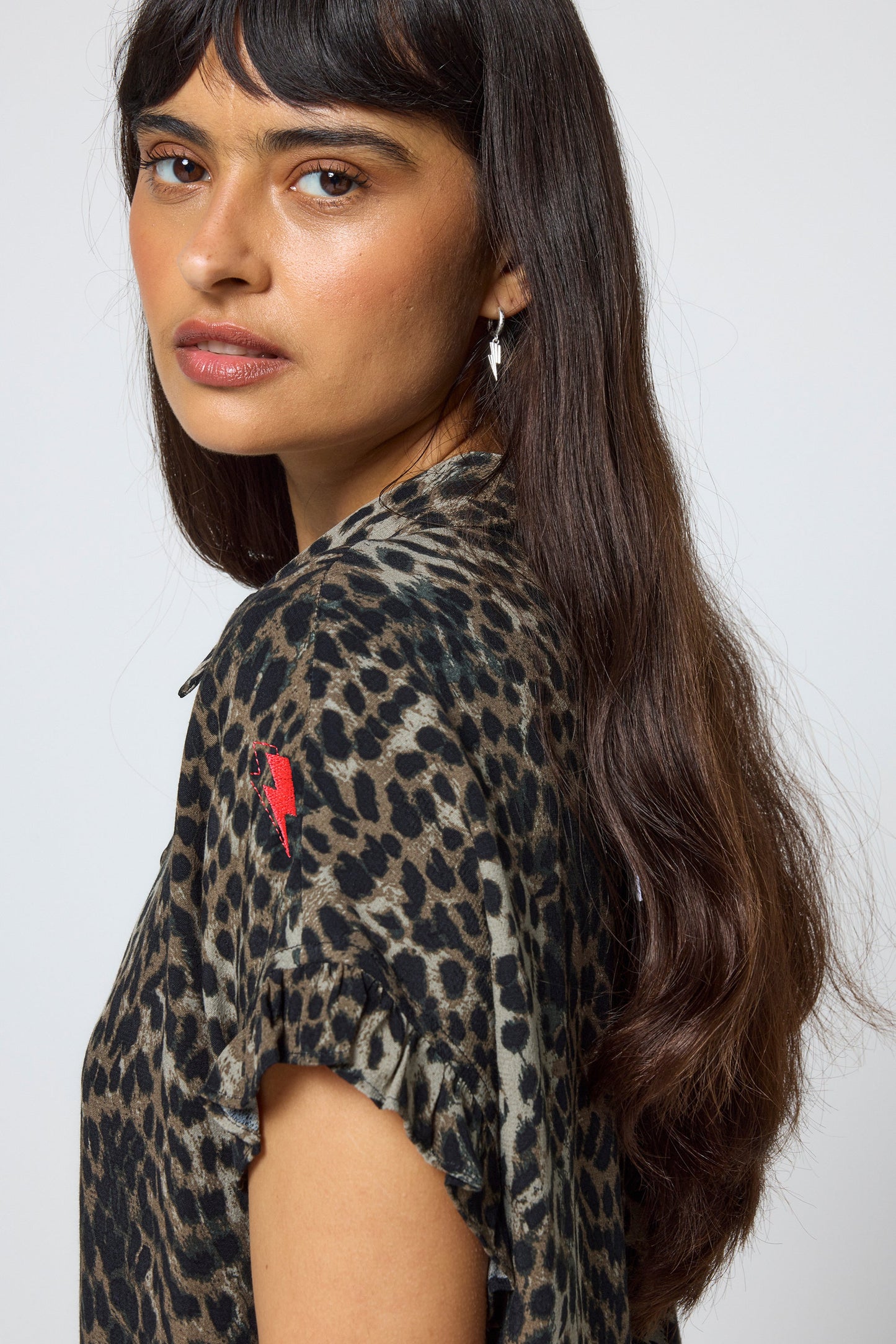 Khaki Cheetah Frill Sleeve Shirt