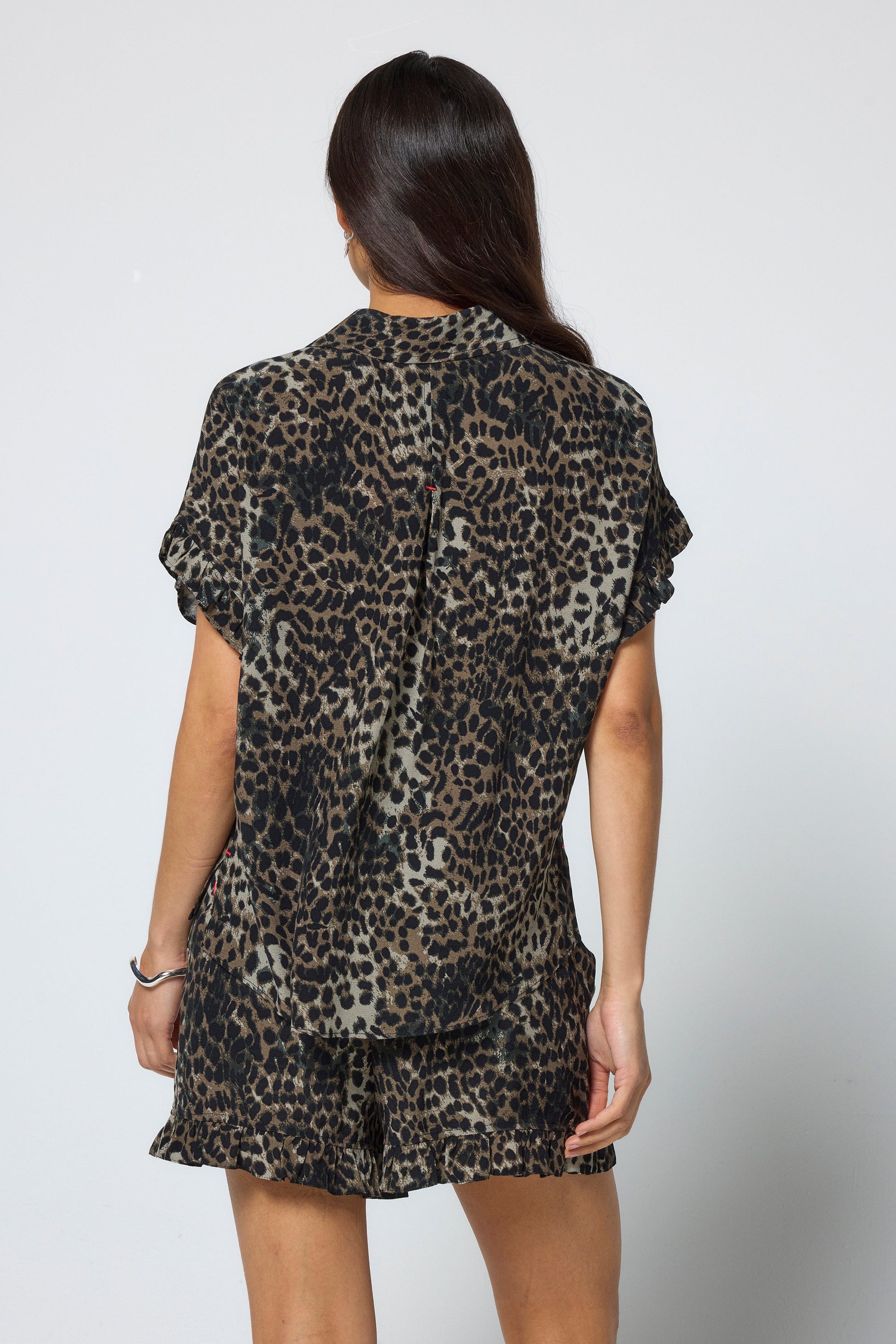 Khaki Cheetah Frill Sleeve Shirt