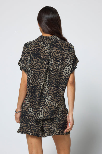 Khaki Cheetah Frill Sleeve Shirt