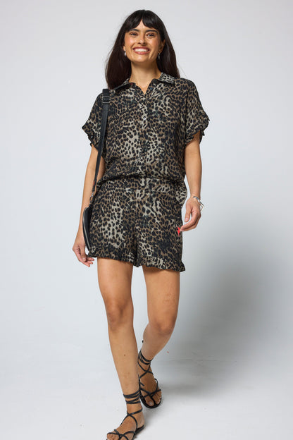 Khaki Cheetah Frill Hem Shorts