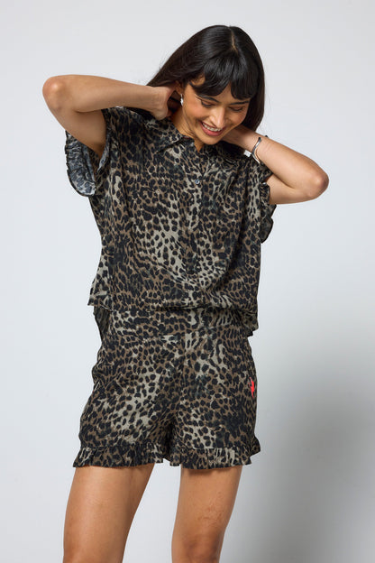 Khaki Cheetah Frill Hem Shorts