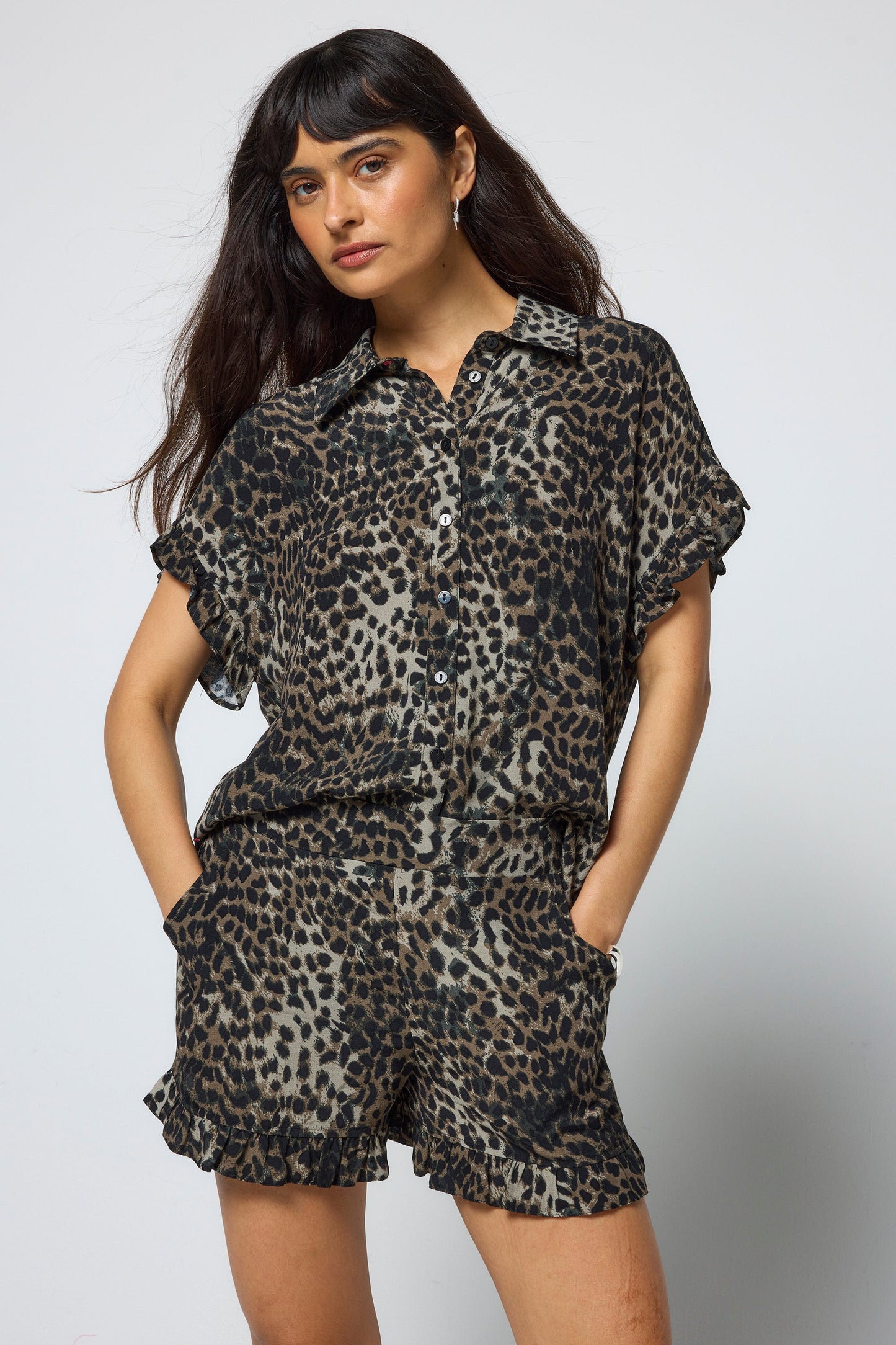 Khaki Cheetah Frill Sleeve Shirt