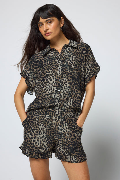Khaki Cheetah Frill Sleeve Shirt