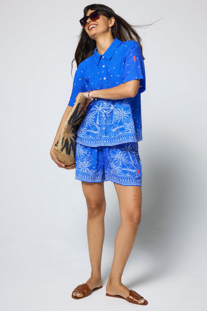 Blue & White Sundream Tropical Placement Print Shirt