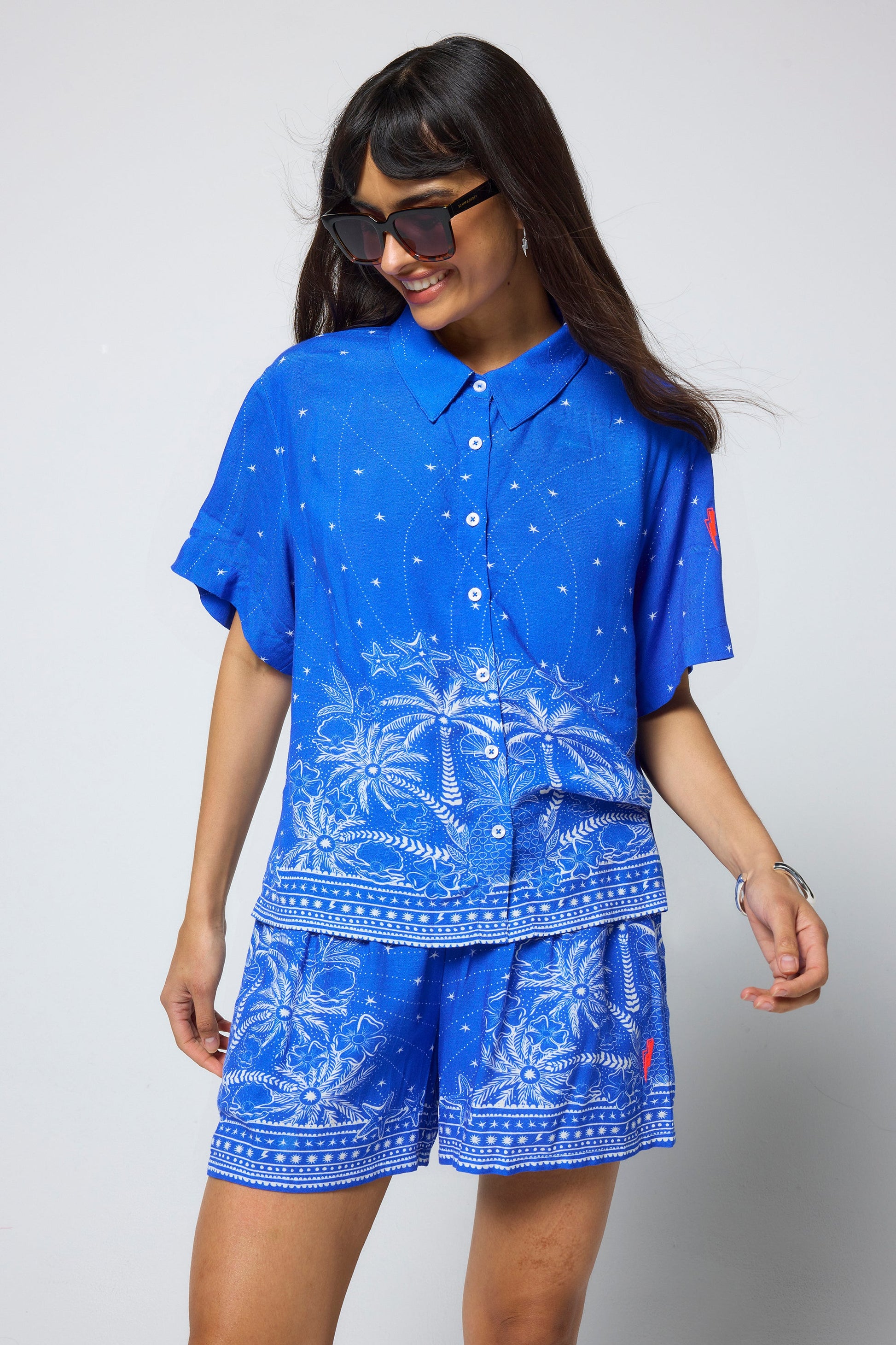 Blue & White Sundream Tropical Placement Print Shirt