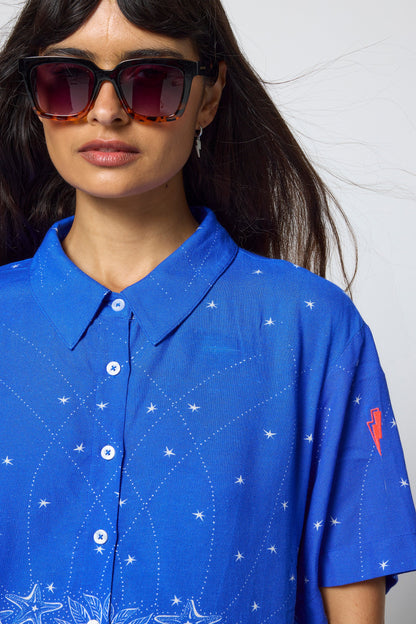 Blue & White Sundream Tropical Placement Print Shirt