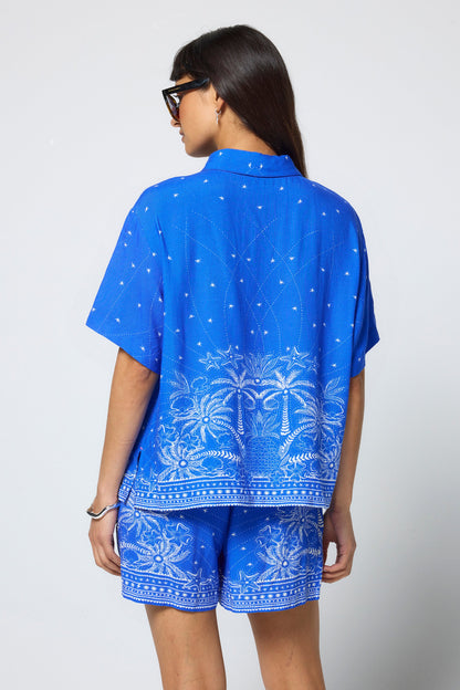 Blue & White Sundream Tropical Placement Print Shirt
