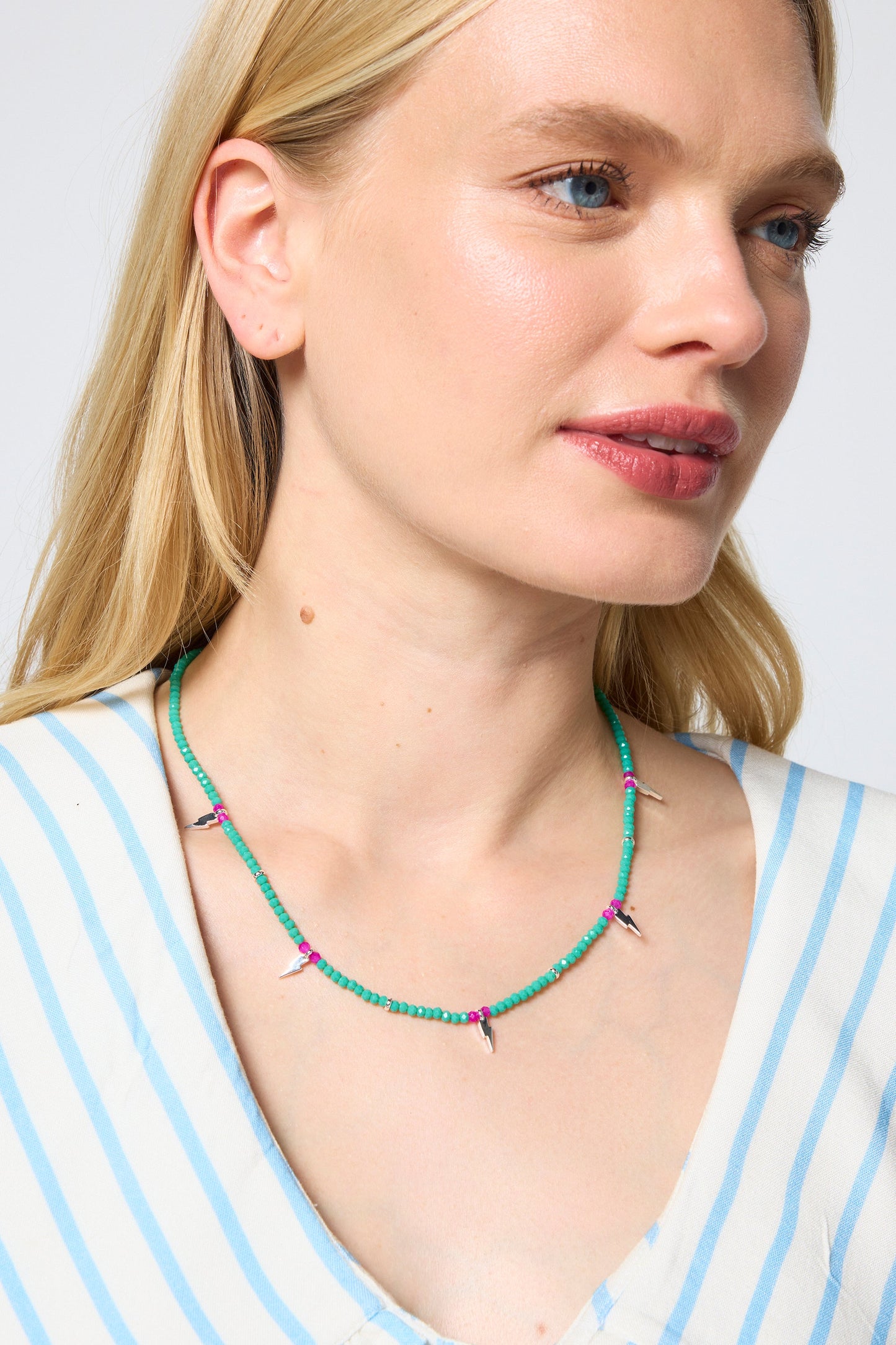 Aqua Bead Silver Multi Bolt Necklace