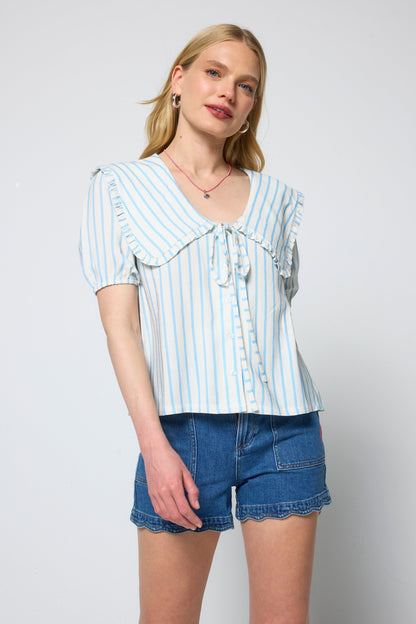 Blue with White Stripe Collared Short Sleeve Blouse