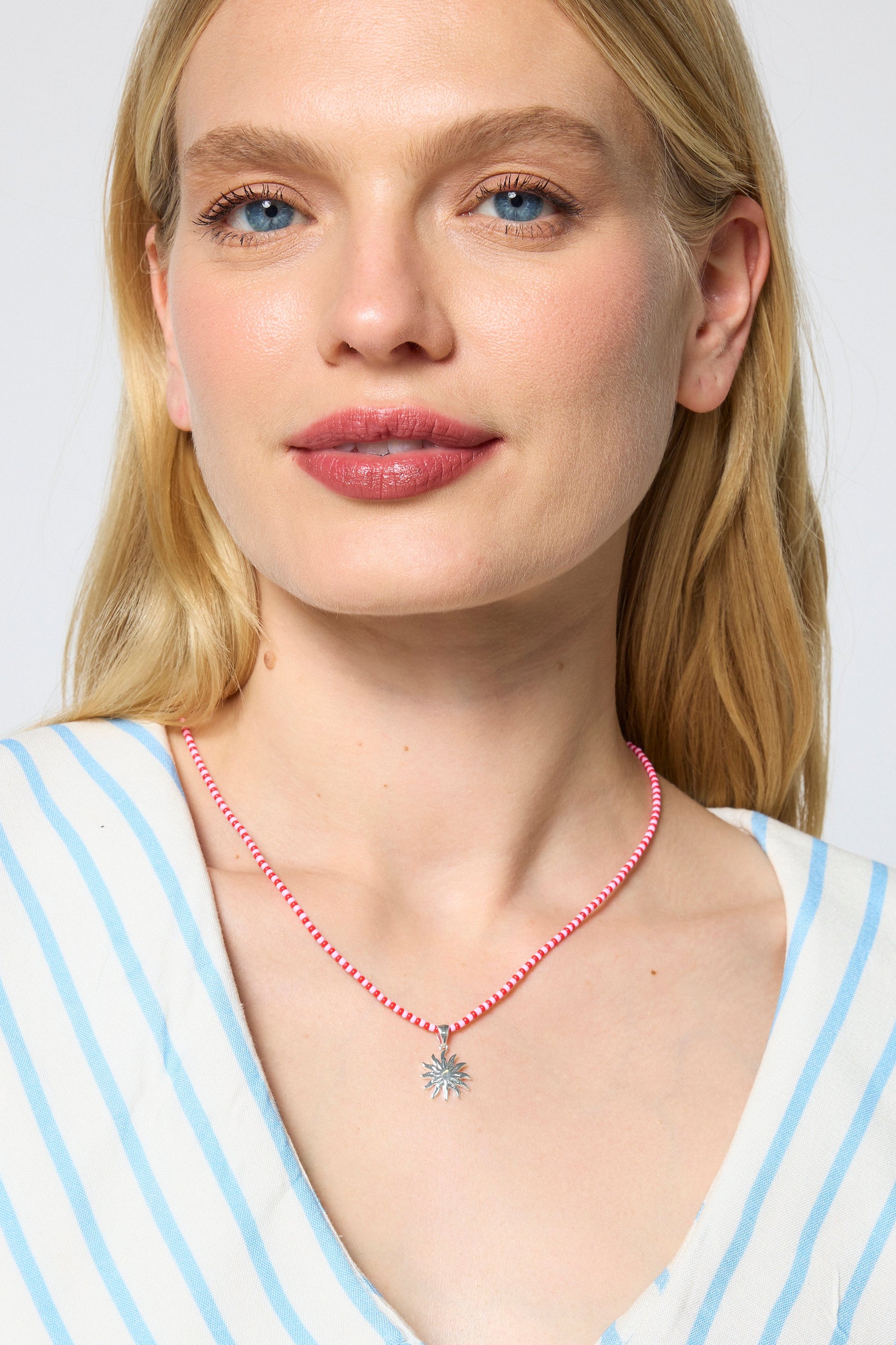Red and Pink Bead Silver Sunstar Necklace