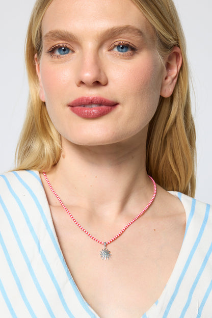Red and Pink Bead Silver Sunstar Necklace