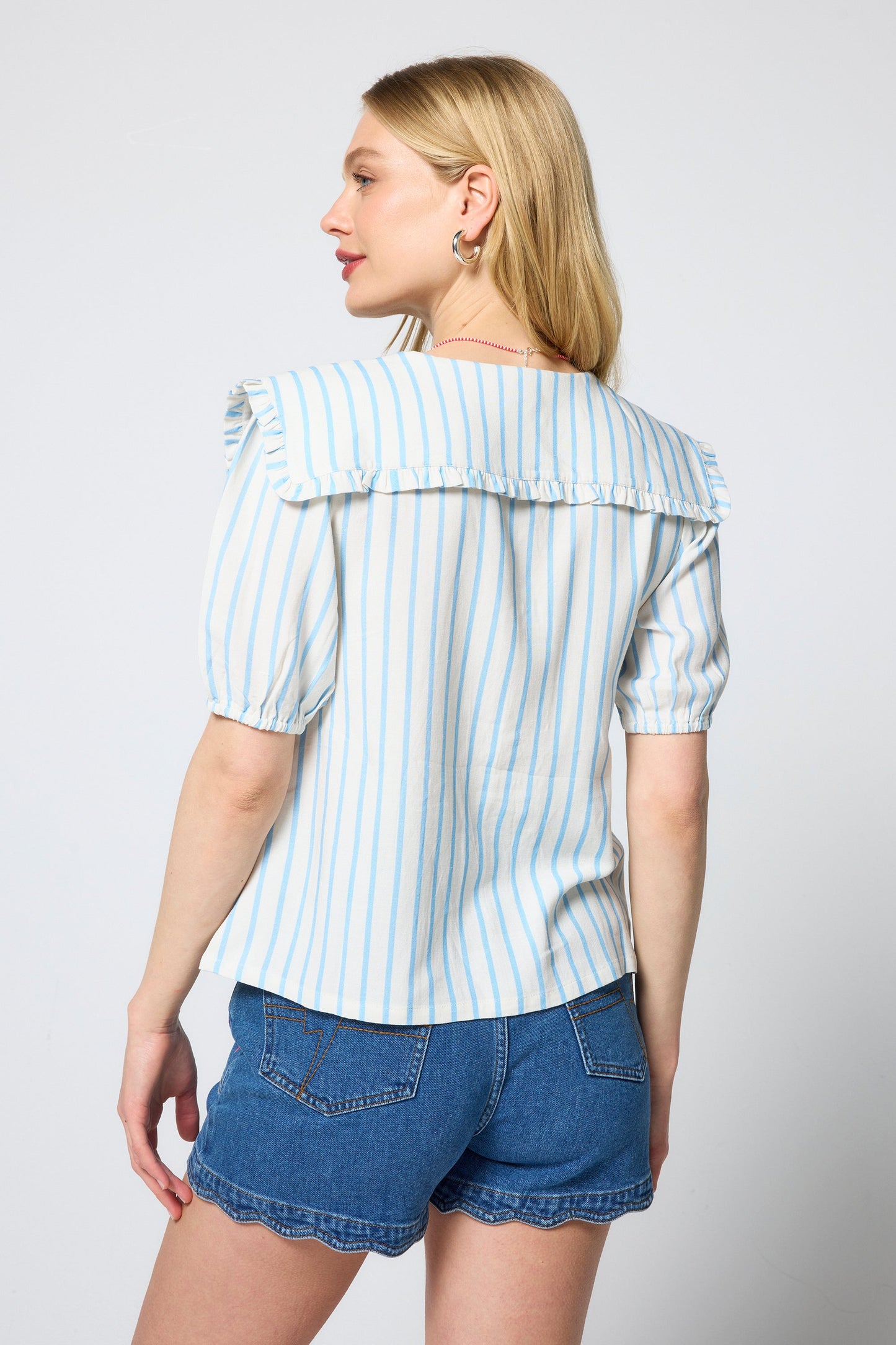 Blue with White Stripe Collared Short Sleeve Blouse