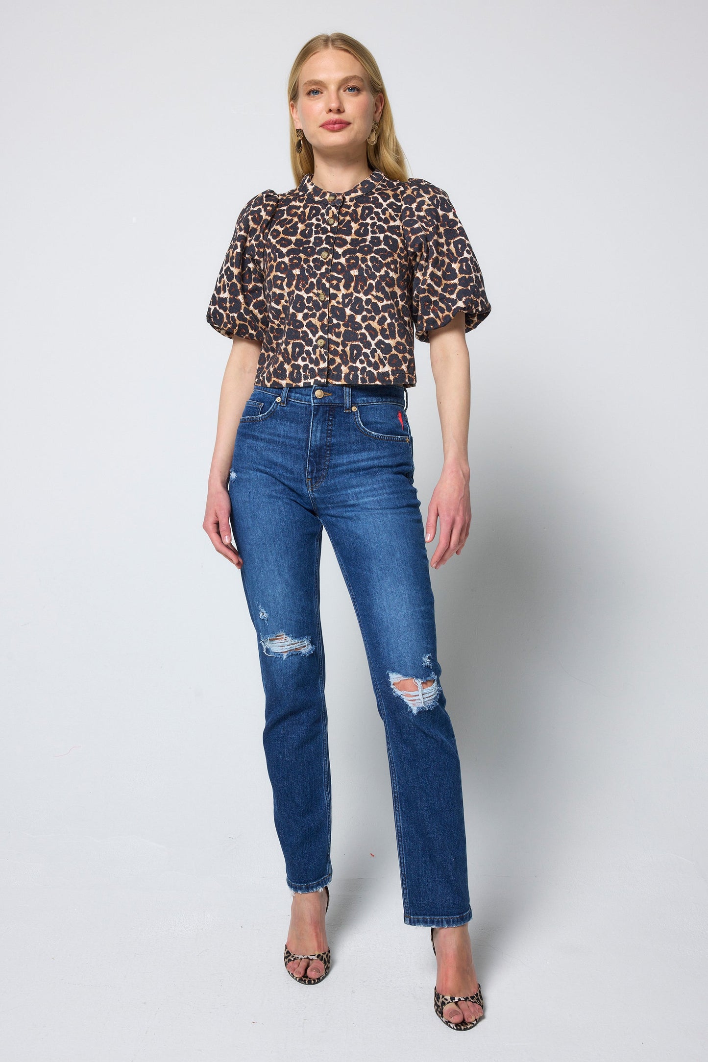 Neutral Jaguar Cropped Puff Sleeve Denim Jacket