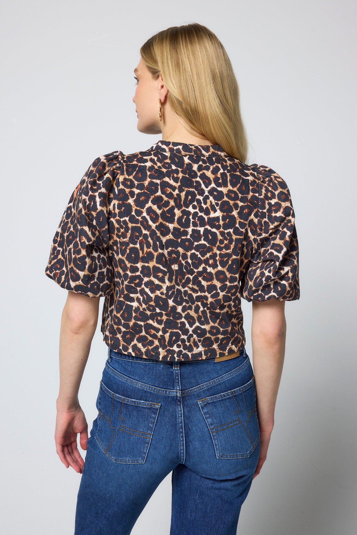 Neutral Jaguar Cropped Puff Sleeve Denim Jacket