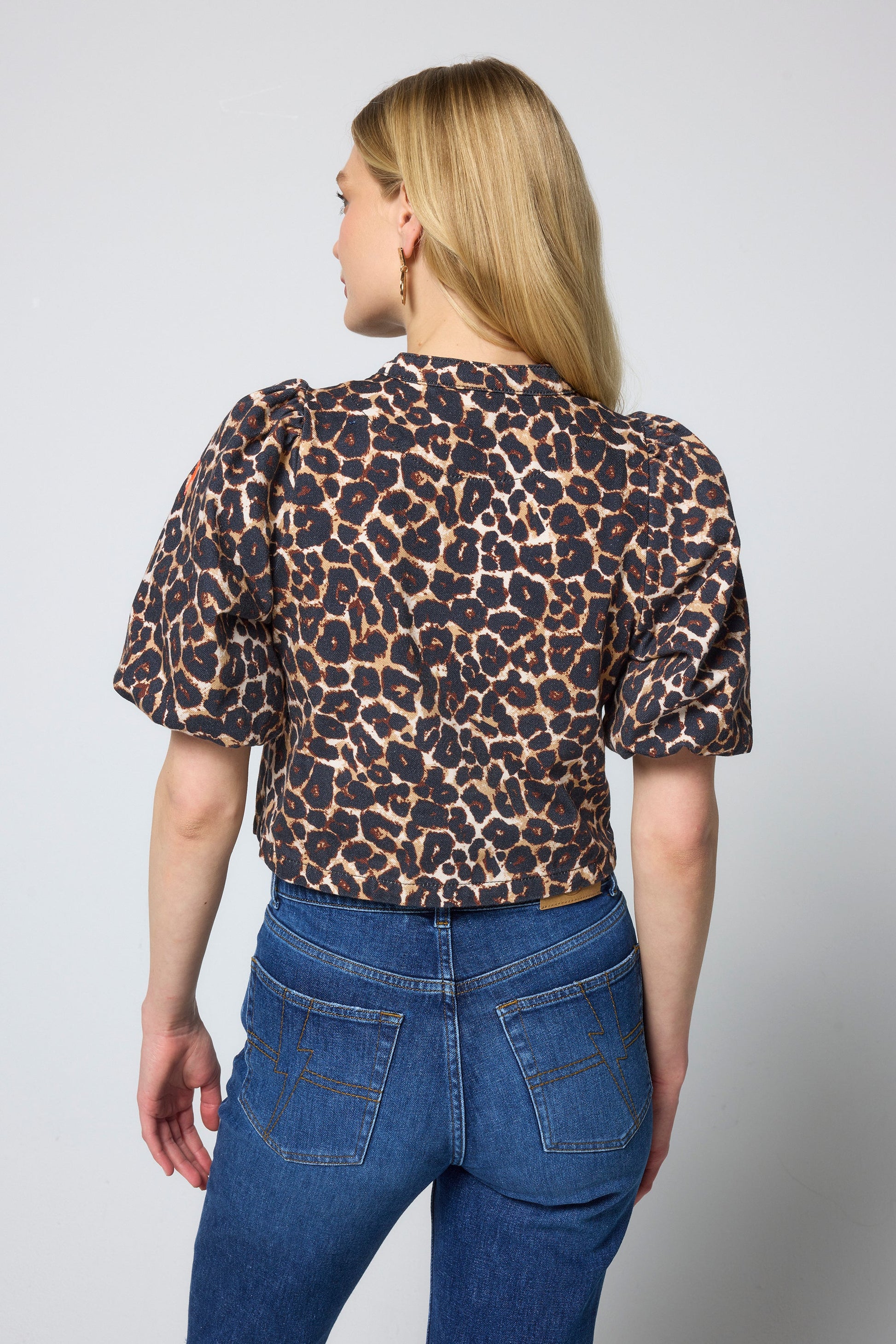 Neutral Jaguar Cropped Puff Sleeve Denim Jacket