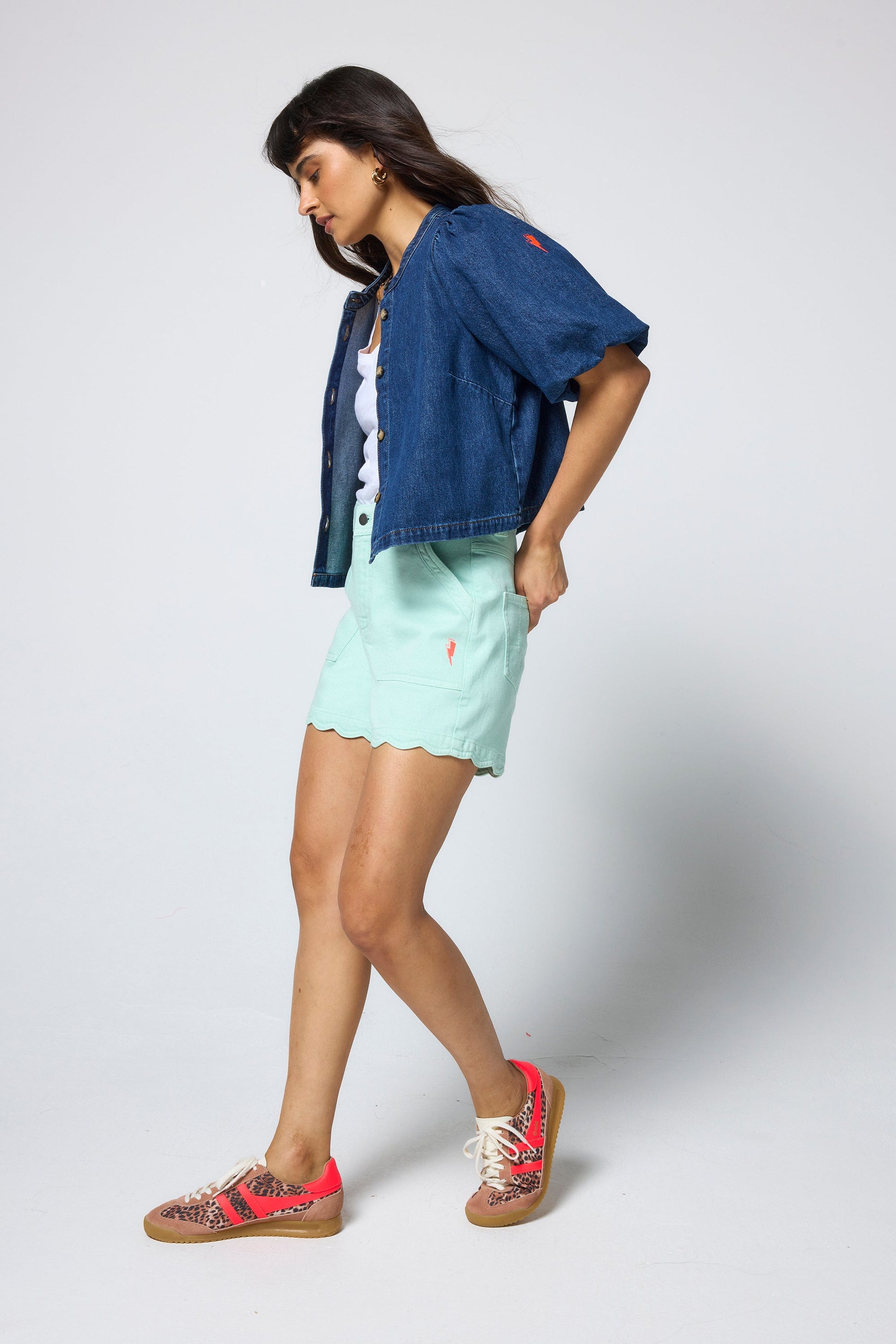 Pale Green Scallop Denim Shorts